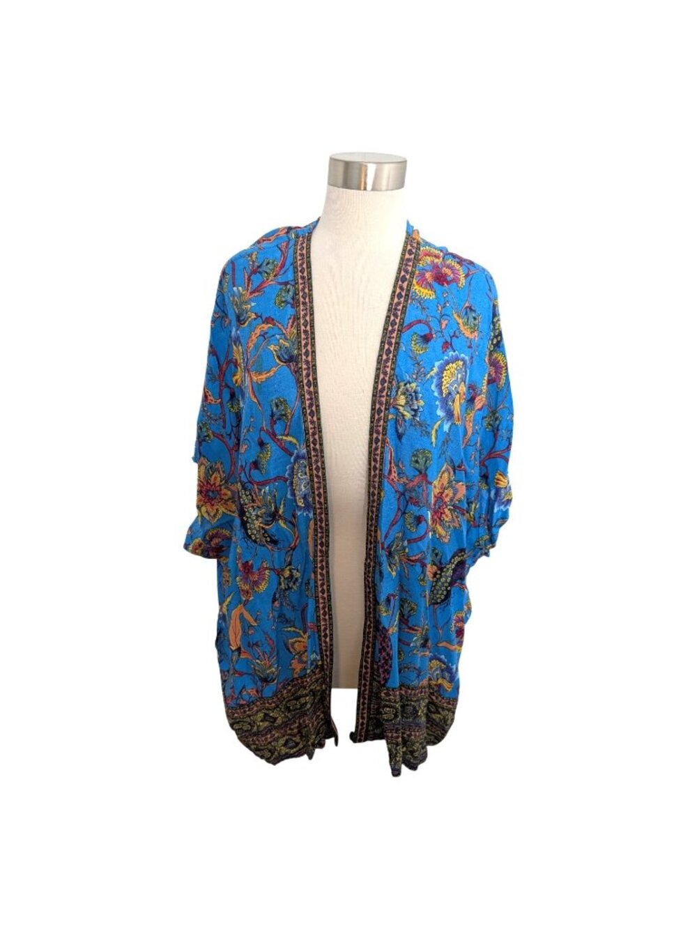 JM Collection Womens Linen Blend Aqua Floral Kimono Cardigan Size S - Picture 10 of 15